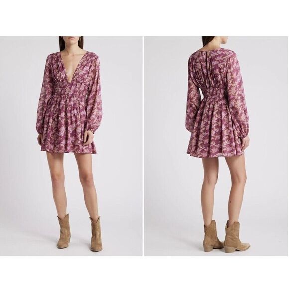 Free People Keep You Floral Print V-Neck Long Sleeve Mini Dress, Size Medium - Picture 1 of 6